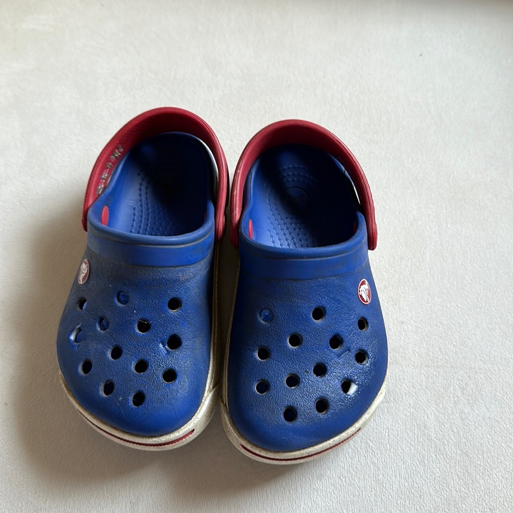 Toddler blue and red Crocs